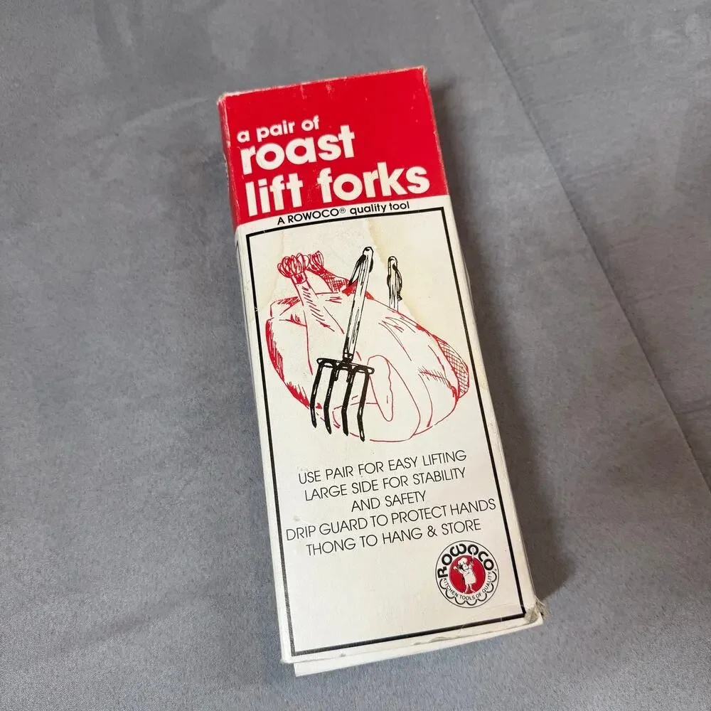 NEW Pair of Roast Lift Forks Rowoco Tool 1729 Wooden Handles Vintage Deadstock